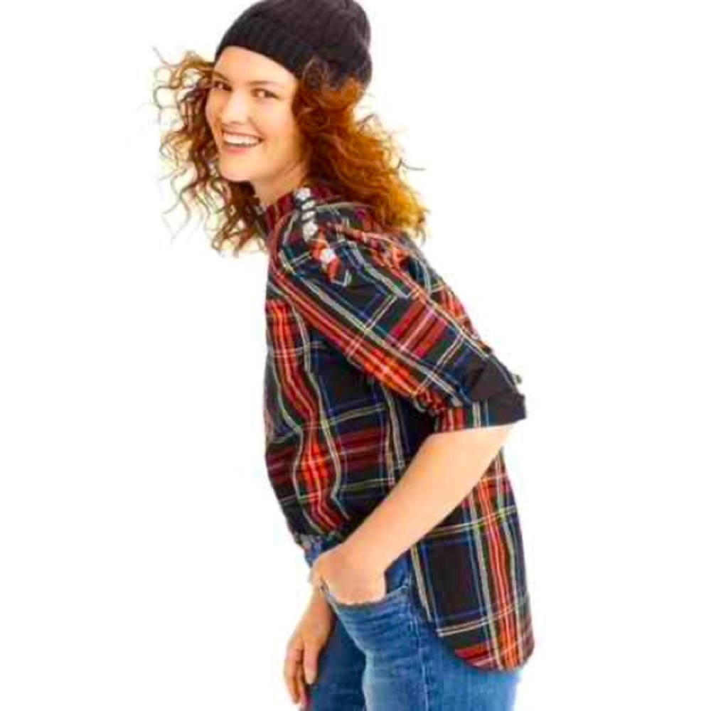 J. Crew Funnelneck Shirt in Stewart Tartan Jeweled